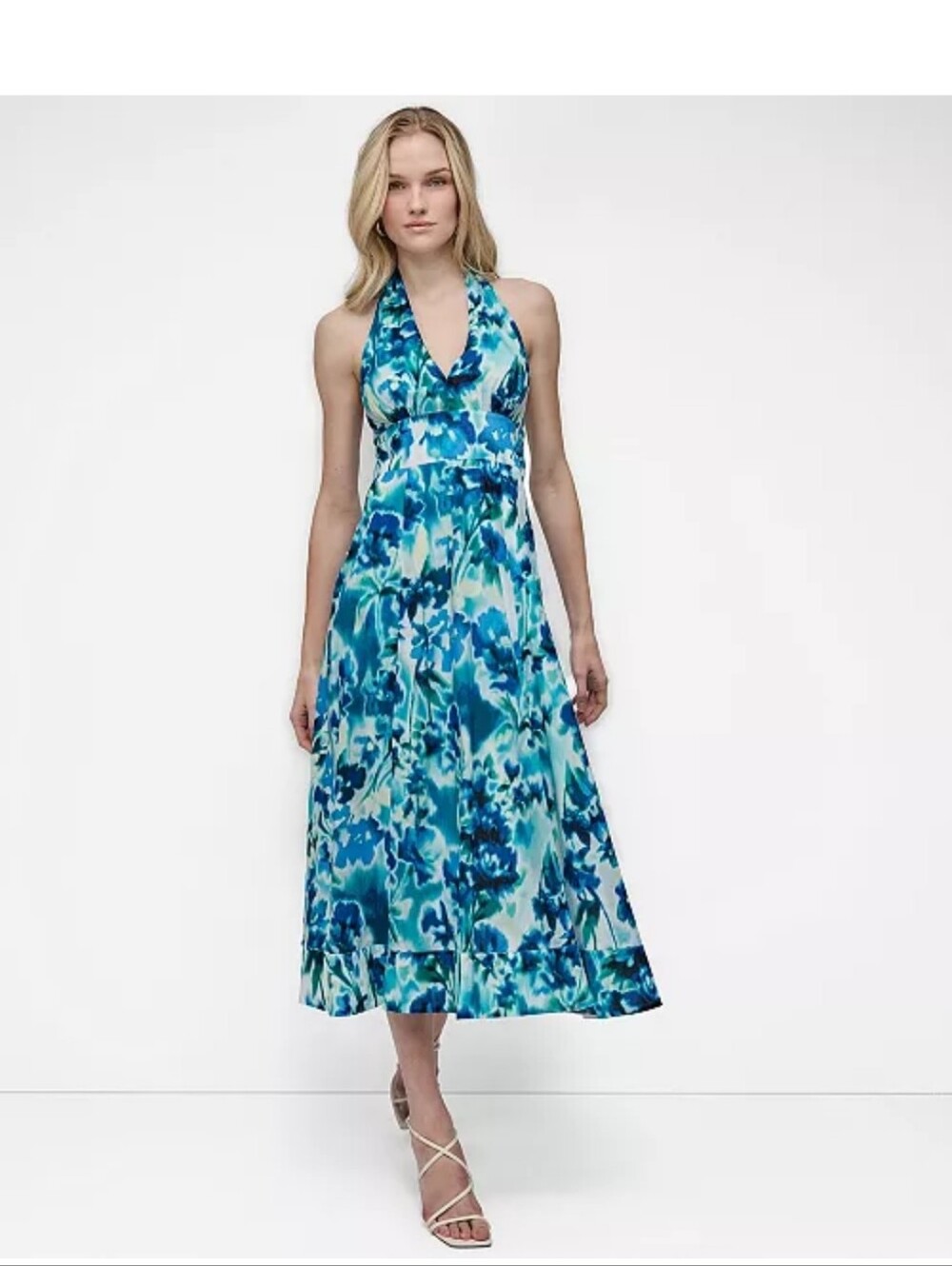 DKNY Blue Halter Maxi Dress Size 12 Tie Dye Print Plunge Neck Backless Summer